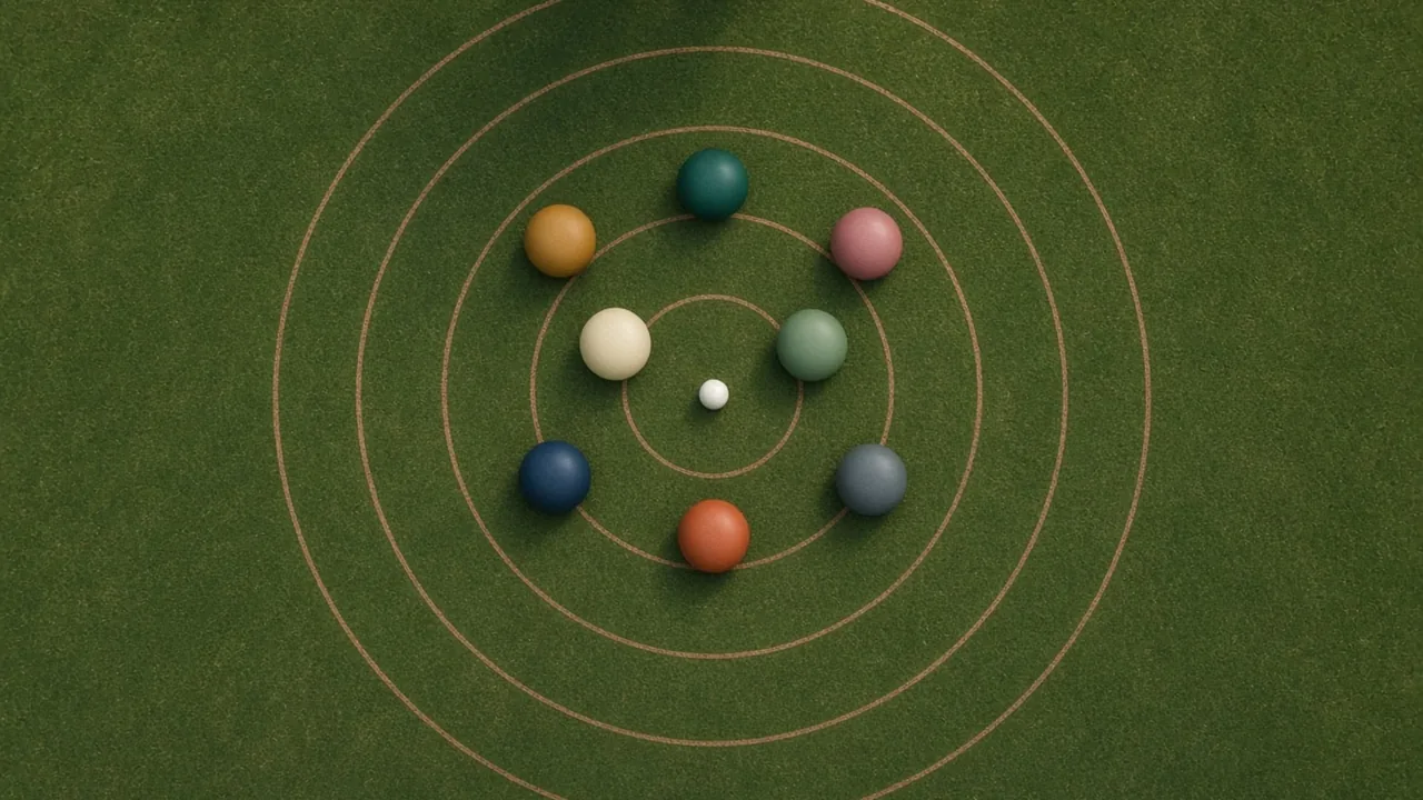 Abstract top-down head of lawn bowls around a jack